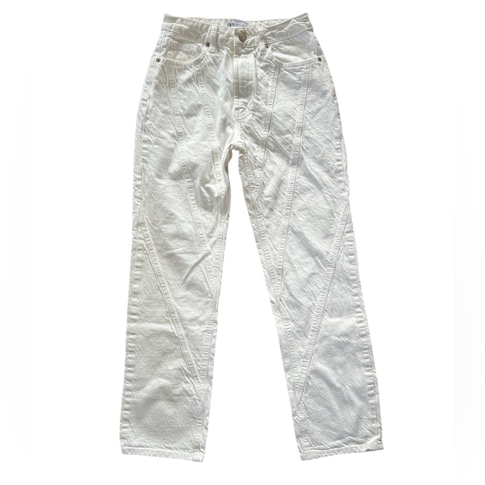 Zara | Women’s white jeans with diagonal seams detailing on front, zip/button 2